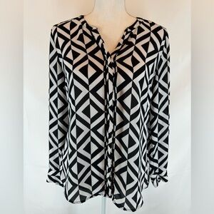 Dana Bachman Women Long Sleeve Button Down Blouse Black White Top Size 2 V-Neck